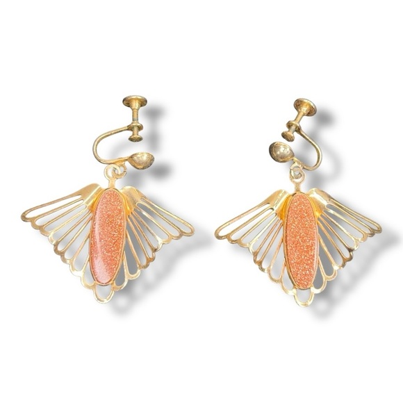 Vintage Gold Sunstone Clip On Earrings Screw Back Style Gift Retro Boho Glam - Picture 1 of 10